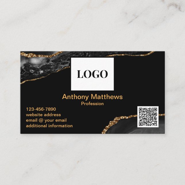 Modern Gold Black Marble Add Logo und QR Code Visitenkarte (Vorderseite)