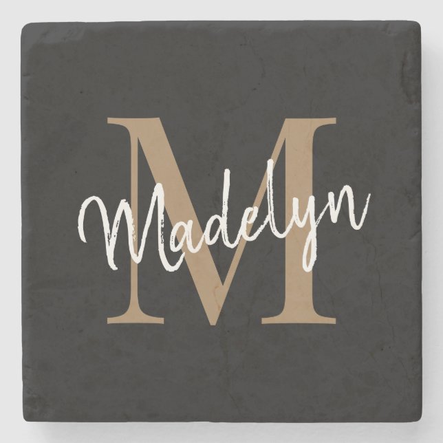 Modern Gold Black Monogram Feminine Script Name Steinuntersetzer (Vorderseite)