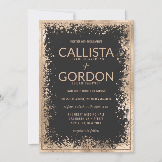 Modern Gold Black Spritzer Glitzer Border Wedding Einladung (Vorderseite)
