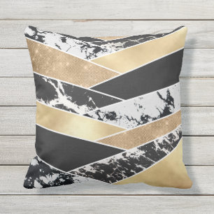 Modern Gold Black White Glitter Marble Geometric Kissen