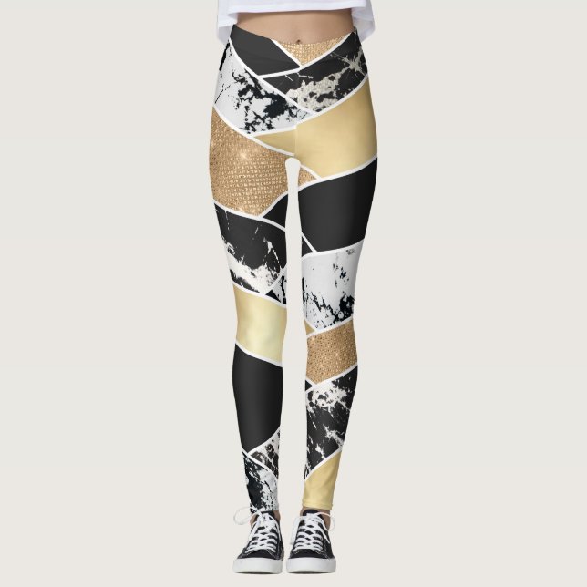 Modern Gold Black White Glitter Marble Geometric Leggings (Vorderseite)