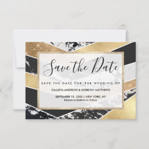 Modern Gold Black White Glitter Marble Geometric Save The Date