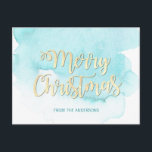 Modern Gold & Blue Christmas Beach Watercolor Postkarte<br><div class="desc">Schöne Aquarell (Strand) Szene Weihnachten Urlaub Familie Postcard. Hellpastellblau ,  türkis mit MERRY CHRISTMAS in Imitaten Glitzer Gold. Fügen Sie Ihre Saison Grußwünsche im Hintergrund. Ideal für einen Urlaub im Süden.</div>