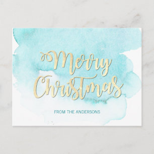 Modern Gold & Blue Christmas Beach Watercolor Postkarte