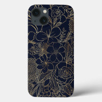 Modern Gold Blue Floral Doodles Line Art