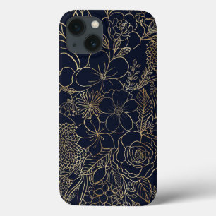 Modern Gold Blue Floral Doodles Line Art Case-Mate iPhone Hülle