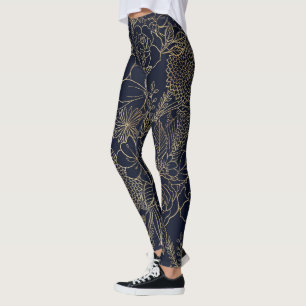 Modern Gold Blue Floral Doodles Line Art Leggings