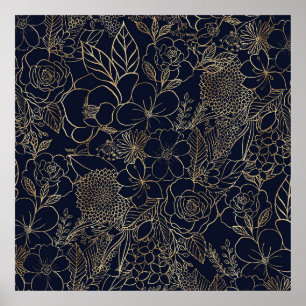 Modern Gold Blue Floral Doodles Line Art Poster
