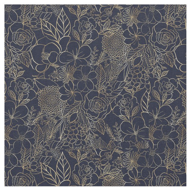 Modern Gold Blue Floral Doodles Line Art Stoff (Nahaufnahme)
