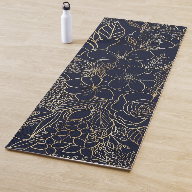 Modern Gold Blue Floral Doodles Line Art Yogamatte (Beispiel)