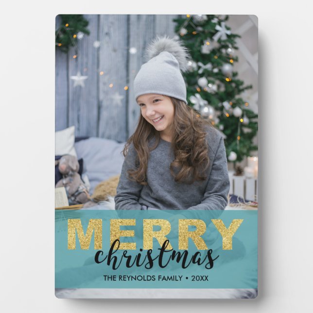 Modern Gold Blue Frohe Weihnachten - Foto Plaque Fotoplatte (Vorderseite)