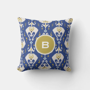 Modern Gold Blue Ikat Tribal Muster Monogram Kissen