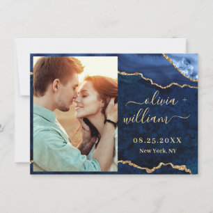 Modern Gold Blue Marble Agate FOTO Wedding Rett T Save The Date