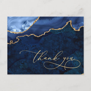 Modern Gold Blue Marble Agate Wedding Vielen Dank Postkarte