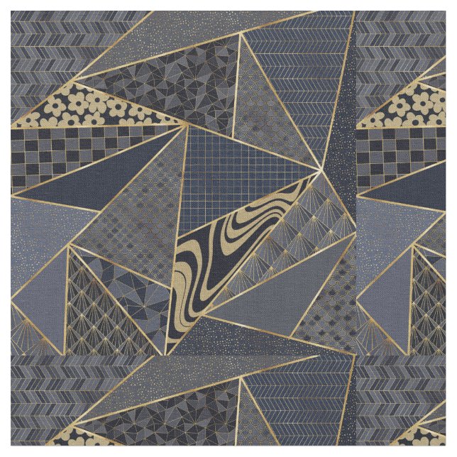 Modern Gold Blue Triangle Geometrisches Muster Stoff (Nahaufnahme)