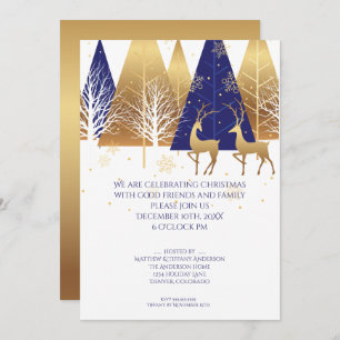 Modern Gold Blue Woodland Hirsch Einladung