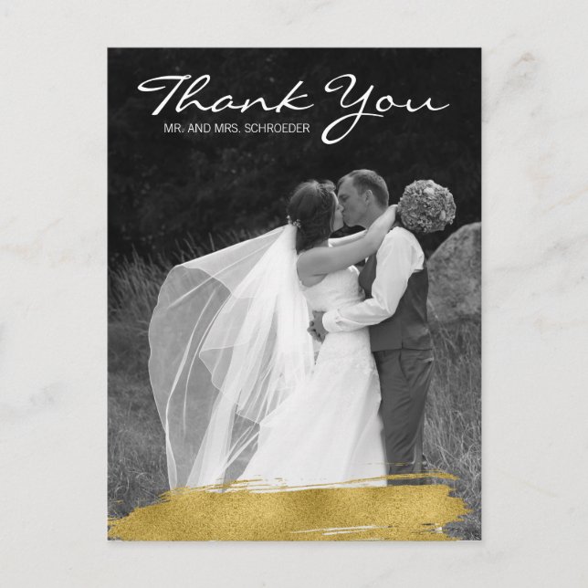 Modern Gold Brushstroke Wedding Danke Postcard Postkarte (Vorderseite)