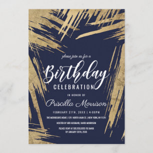 Modern Gold Brushstrokes Navy Blue Chic Geburtstag Einladung