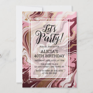 Modern Gold Burgund Pink Marble Fluid Birthday Einladung