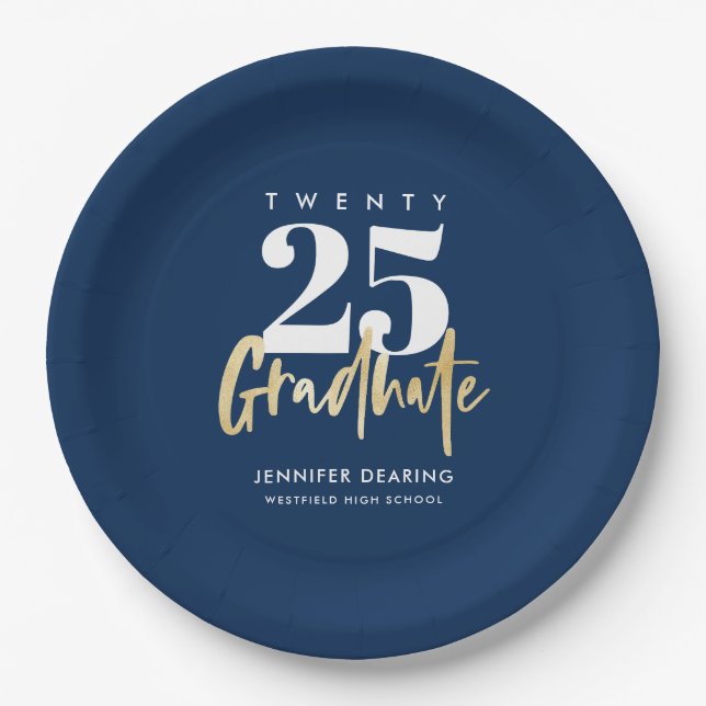 Modern Gold Calligraphy Blue Abschluss Pappteller (Vorderseite)
