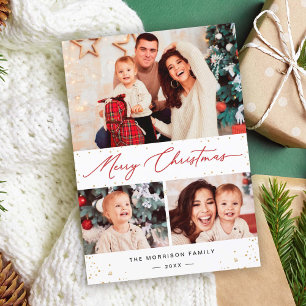Modern Gold Confetti Merry Christmas 3 Photo Feiertagskarte