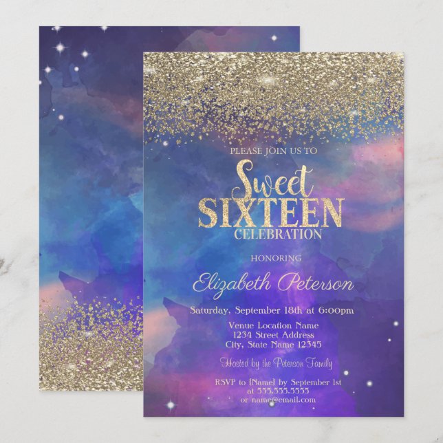 Modern Gold Diamonds Paint Splash Sweet 16 Einladung (Vorne/Hinten)