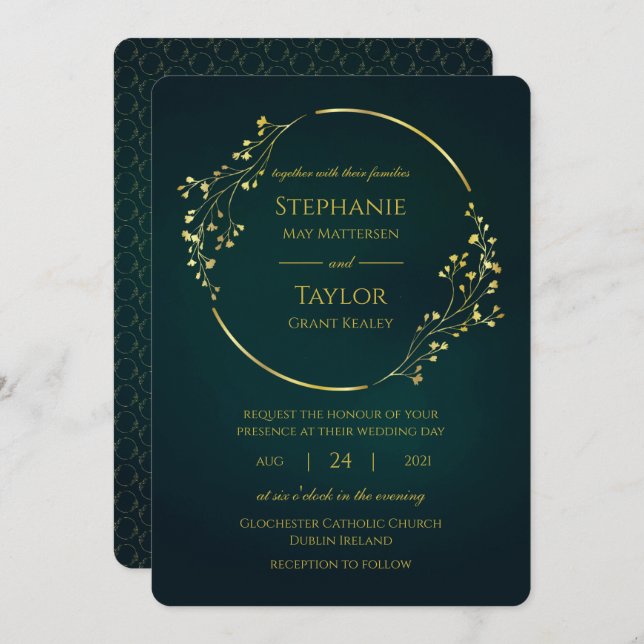 Modern Gold Eucalyptus Green Wedding Einladung (Vorne/Hinten)