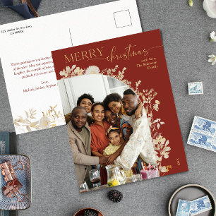 Modern Gold Floral Classic Red Christmas Postcard Feiertagspostkarte