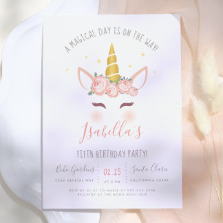 Modern Gold Floral Magical Unicorn Birthday Einladung