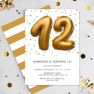 Modern Gold Foil Ballon 12. Geburtstag Einladung