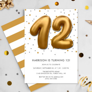 Modern Gold Foil Ballon 12. Geburtstag Einladung
