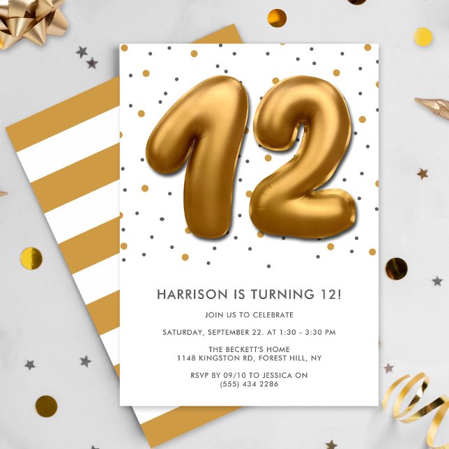 Modern Gold Foil Ballon 12. Geburtstag Einladung (Von Creator hochgeladen)