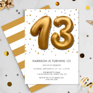 Modern Gold Foil Ballon 13. Geburtstag Einladung