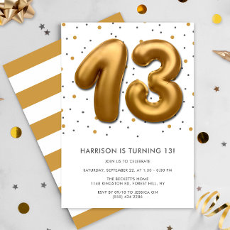 Modern Gold Foil Ballon 13. Geburtstag Einladung