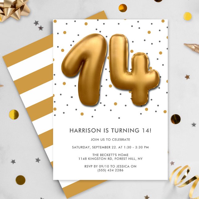 Modern Gold Foil Ballon 14. Geburtstag Einladung (Von Creator hochgeladen)