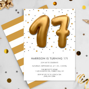 Modern Gold Foil Ballon 17. Geburtstag Einladung