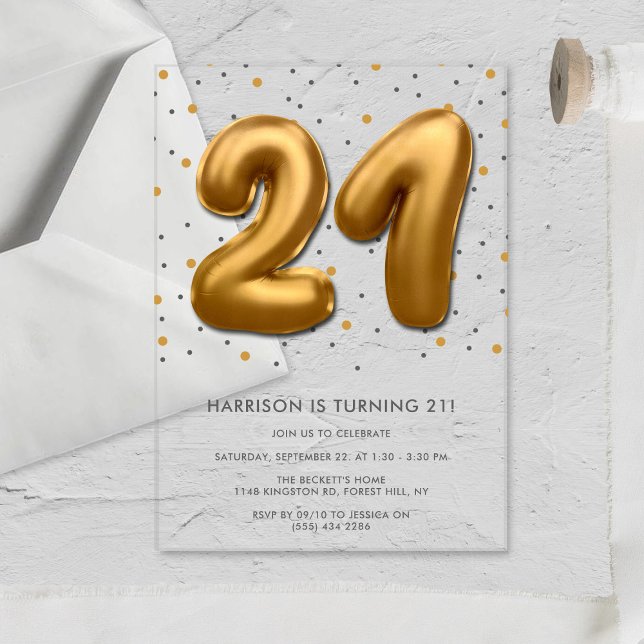 Modern Gold Foil Ballon 21. Geburtstag Acryleinladungen (Von Creator hochgeladen)