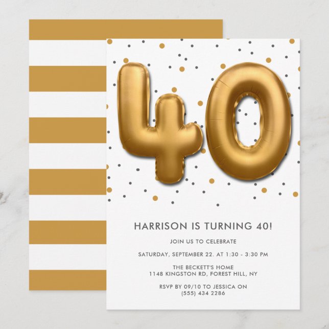 Modern Gold Foil Ballon 40. Geburtstag Einladung (Vorne/Hinten)