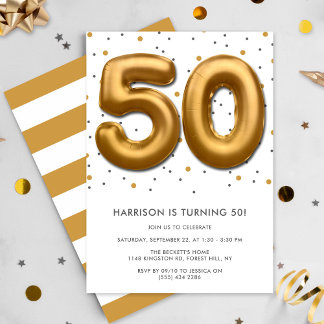 Modern Gold Foil Ballon 50. Geburtstag Einladung