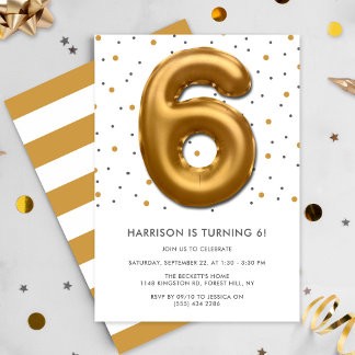 Modern Gold Foil Ballon 6. Geburtstag Einladung