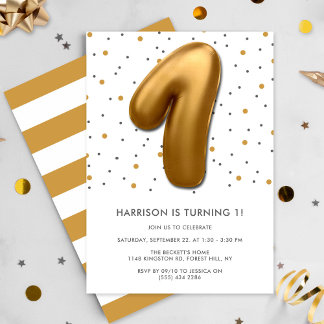 Modern Gold Foil Balloon 1. Geburtstag Einladung