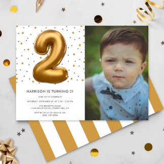 Modern Gold Foil Balloon 2. Geburtstags-Foto Einladung