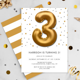 Modern Gold Foil Balloon 3. Geburtstag Einladung