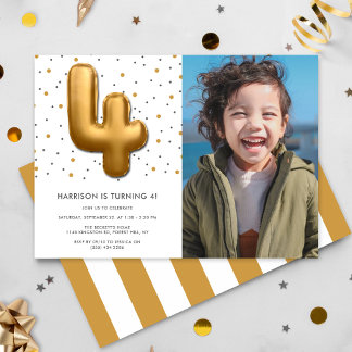 Modern Gold Foil Balloon 4. Geburtstags-Foto Einladung