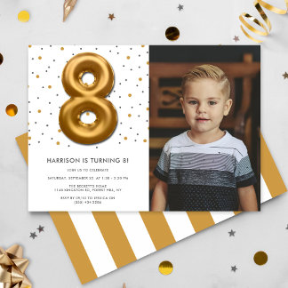 Modern Gold Foil Balloon 8. Geburtstags-Foto Einladung