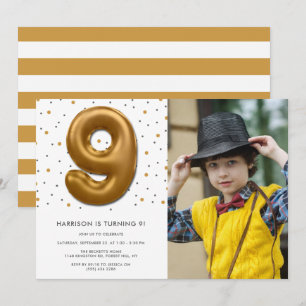 Modern Gold Foil Balloon 9. Geburtstag Foto Einladung