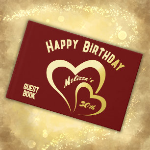 Modern Gold Foil Birthday on Maroon Rec Monogram Gästebuch