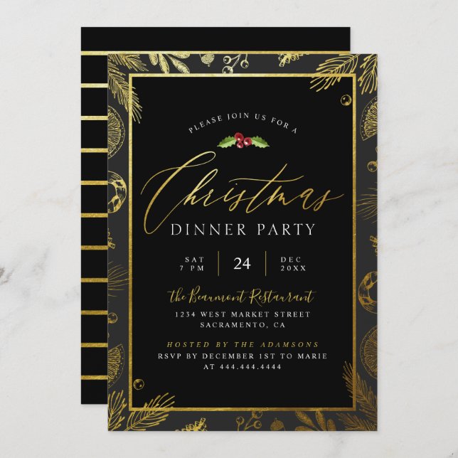 Modern Gold Foil & Black Christmas Dinner Party Einladung (Vorne/Hinten)