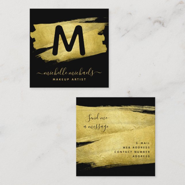 Modern Gold Foil Paint Makeup Salon Black Quadratische Visitenkarte (Vorne/Hinten)