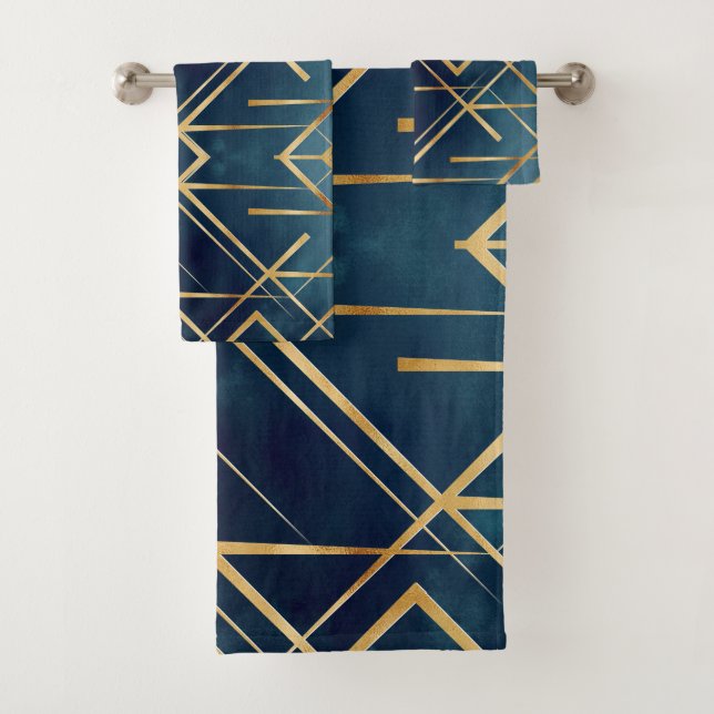 Modern Gold Geometric Blue Design Badhandtuch Set (Insitu)